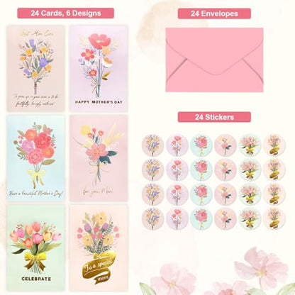 24 Pcs Happy Mother's Day Greeting Cards Floral Blank Note Cards Gold Foil With Pink Envelopes Mother's Day Present Gift Box Assorted Party Celebration Cards For Mom, Mother-in-Law, Stepmom, Grandma, Aunt, Godmother-4X6 in