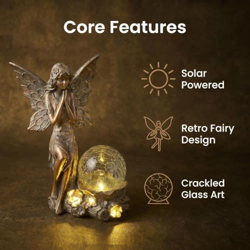 Solar Fairy Garden Statue with Crackled Glass Globe Light - color: Bronze Bronze Fairy