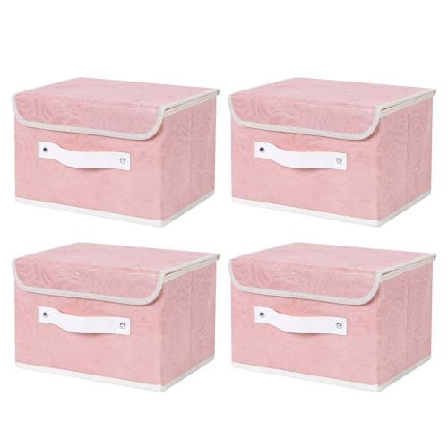 ANMINY Fabric Storage Box Bins with Lids, Rose Print, Pink, 4PCS Small | Keepsake Memory Storage, Nonwoven Fabric, PP Board Frame, Washable, PU Handles, Foldable Stackable, Decorative, 10"x8"x7" - size: Small (Pack of 4)