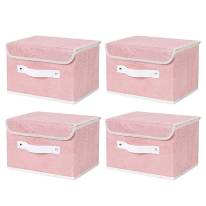 ANMINY Fabric Storage Box Bins with Lids, Rose Print, Pink, 4PCS Small | Keepsake Memory Storage, Nonwoven Fabric, PP Board Frame, Washable, PU Handles, Foldable Stackable, Decorative, 10"x8"x7" - size: Small (Pack of 4)