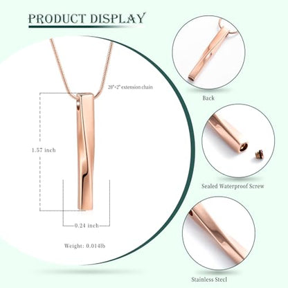 Ashes Urn Necklace Cremation Jewelry Necklaces Unisex Twist Bar Urn Necklaces for Ashes Memorial Keepsake Pendant for Women Men With Funnel Kit & Bag - color: Rose Gold