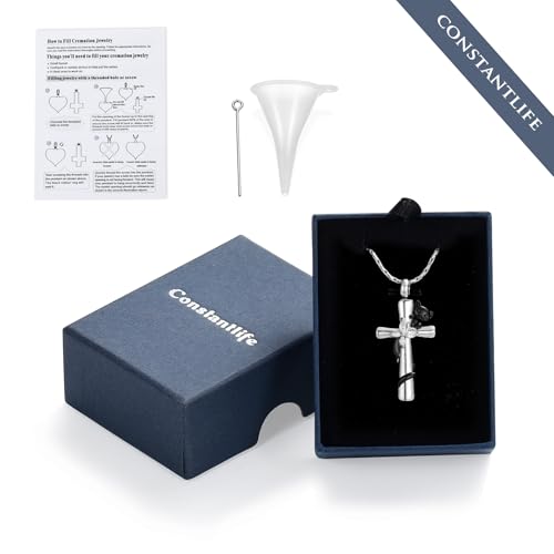 constantlife Cross Urn Necklace for Ashes Cat Butterfly Cremation Jewelry for Women Men Memorial Pendant Chain Human Pet Ashes Holder - color: Black
