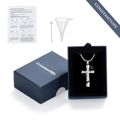 constantlife Cross Urn Necklace for Ashes Cat Butterfly Cremation Jewelry for Women Men Memorial Pendant Chain Human Pet Ashes Holder - color: Black