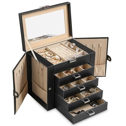 5-Layer Jewelry Box for Women,Jewelry Organizer with 4 Drawers | Faux Leather,Built-in Mirror,Spacious Jewelry Storage,16 Necklace Hooks,Organizing by Category for Rings Earrings Bracelet - color: Black, size: Medium