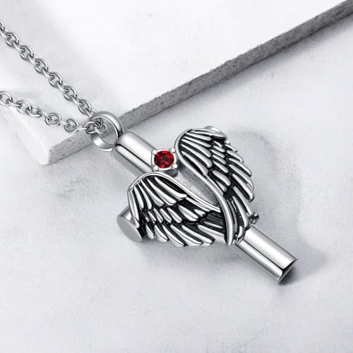 Angel Wing Cross Urn Necklace for Ashes Birthstone Stainless Steel Cremation Jewelry Women Men - color: Jan