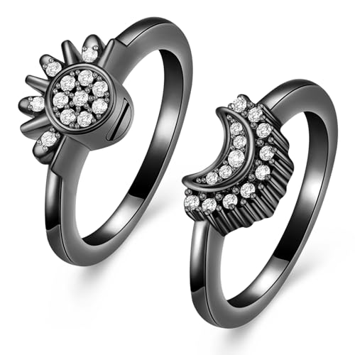 Cremation Jewelry for Ashes Rings - Celestial Sun and Moon Ring Set,Sparkling Sun Ring/Blue Moon Ring/Silver Plating,Friendship Promise Ring,Stackable Celestial Rings,Gift for Women/Girls - color: Black, size: 8