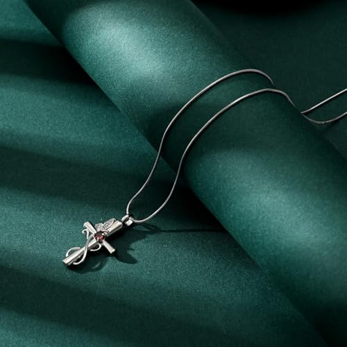 Butterfly Cross Cremation Jewelry Urn Necklaces Cross Butterfly Urn Necklaces for Ashes Memorial Keepsake Pendant for Women Men Gifts With Funnel Kit & Bag - color: Silver+Red