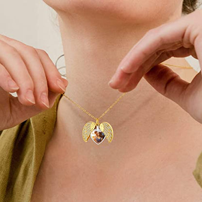 Custom4U Personalized Heart Locket Necklace with Pictures,Sunflower/Angel Wings/Heart Shaped Lockets Custom Photo,Gold/Rose Gold/White Lockets That Holds Picture,Customized Memorial Jewelry for Women - color: B-Angel Wings-Gold(Locket + Photo + Engraving)