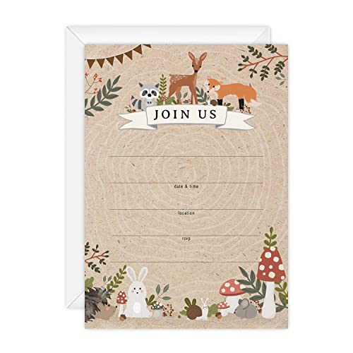 Canopy Street Woodland Animals Fill In Invitations / 25 Gender Neutral Baby Shower Invites With White Envelopes / 5" x 7" Forest Adventure Party Event Invite/Made In The USA - color: Woodland