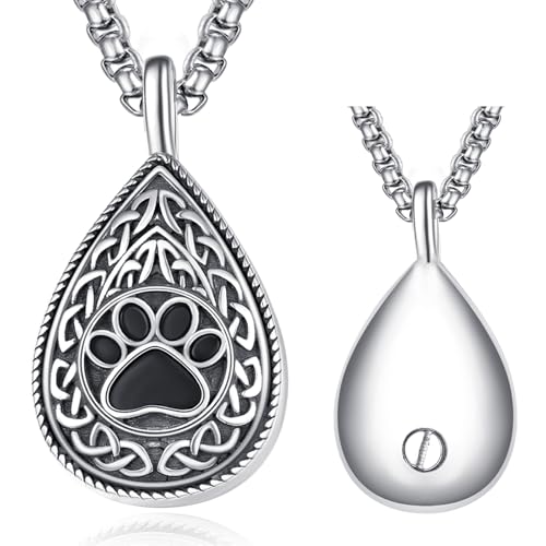 Pet Cremation Urn Necklace for Dog Cat Ashes 925 Sterling Silver Paw Print Keepsake Pendant Celtic Knot Memorial Jewelry for Women Men - style: 00D-Teardrop Urn-(Silver Personalized)