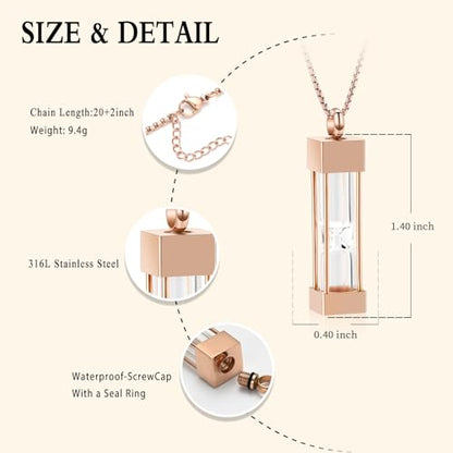 Oinsi Glass Hourglass Cremation Jewelry for Ashes Cylinder Urn Necklace Container Vial Necklaces Bottle Memorial Cremation Keepsake Jewelry Ash Pendant for Women/Men - color: Rose Gold