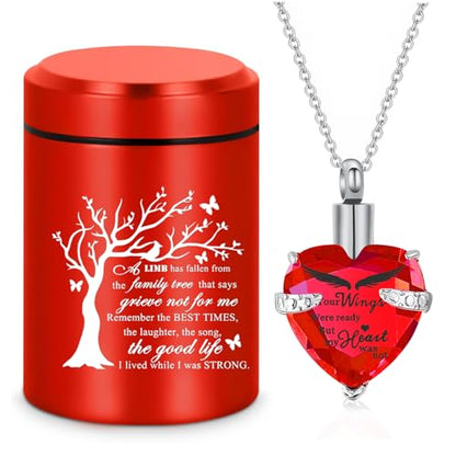 Small Mini Urns for Human Ashes Keepsake Tree of Life Sharing Urns for Female Male, Heart Cremation Jewelry Urn Necklaces for Ashes for Women Men, Red