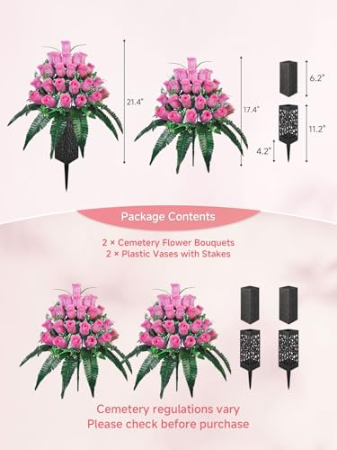 Mirevielyn 2-Pack 24-Stem Artificial Rose Cemetery Flowers with Vases - color: Pink (Soft Tone)