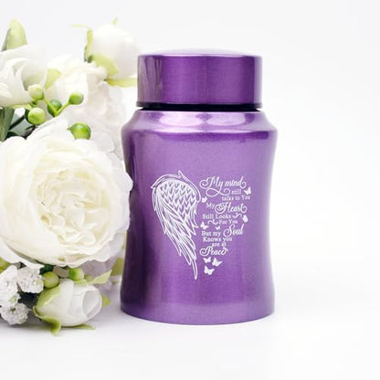 4.5 Inches Small Keepsake Urn for Human Ashes - Heart Wing Pattern Memorial Container - Stainless Steel Mini Cremation Urn - size: Wing-Purple