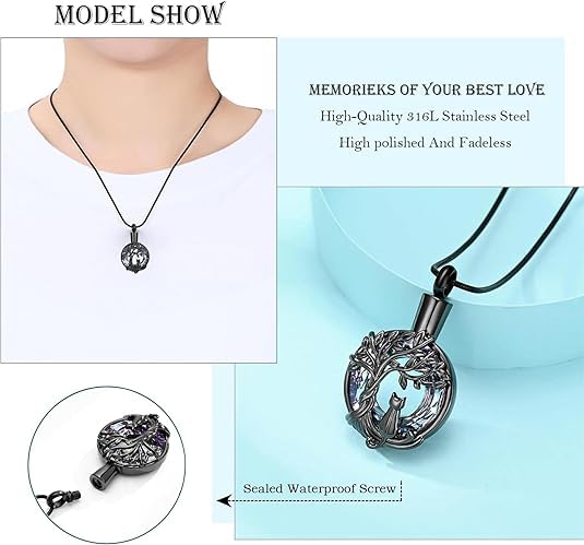 Hearbeingt Tree of Life Cremation Jewelry Paw Print Urn Necklace for Ashes - color: A-Black