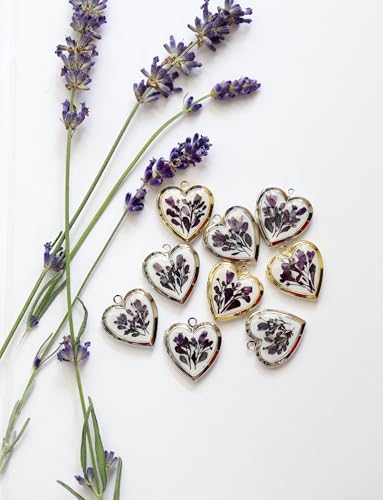 Handmade Dried Pressed Flower Heart Shaped Photo Locket Pendant Necklace - color: Gold, style: Purple Flower on White