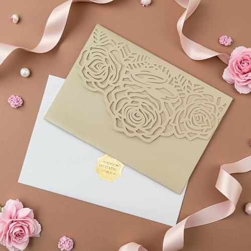 Laser Cutting Invitation Card Greeting Card Graduation Party Rose Flower Wedding Birthday Party Invitations Invitation Pocket With Envelope (Champagne Gold) | Laser-cut rose flower glitter cards for graduation, wedding, birthday, or party. Includes 20 poc