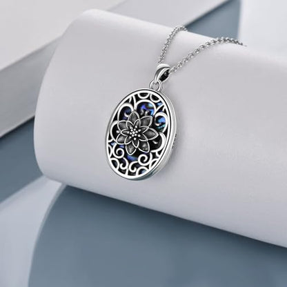 Lotus Locket Necklace Sterling Silver Lotus Flower Locket Necklace That Holds Pictures Yoga Locket Pendant Mother's Day Gifts for Women Wife Mom - style: Abalone Lotus