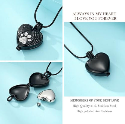 zeqingjw Pet Cremation Jewelry for Ashes Pendant Paw Print Pet Heart Urn Necklace Memorial Keepsake Jewelry for Pet/Dog's/Cat's Ashes - color: Wing Heart-Black