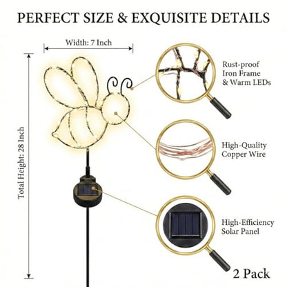 Outdoor Solar Powered LED Decorative Garden Stake Light - 2 Pack Warm White Bee Design - Great Decor for Yard, Patio, Lawn, Planter-Makes a Great Gift