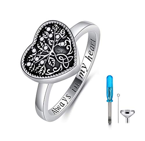 AOBOCO 925 Sterling Silver Heart Tree of Life Celtic Knot Cremation Urn Ring Holds Loved Ones Ashes, Always in My Heart Urn Ring for Ashes for Women, Memorial Keepsake Jewelry with Austrian Crystals