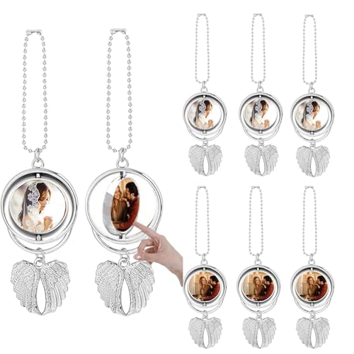 8 Set Silver Angel Wing Sublimation Blank Car Hanging Ornament Charms Heat Transfer Blank Photo Frame Pendants Customize Keychain for Automobile Rearview Mirror Home Window (Rotating-Small) - size: Small