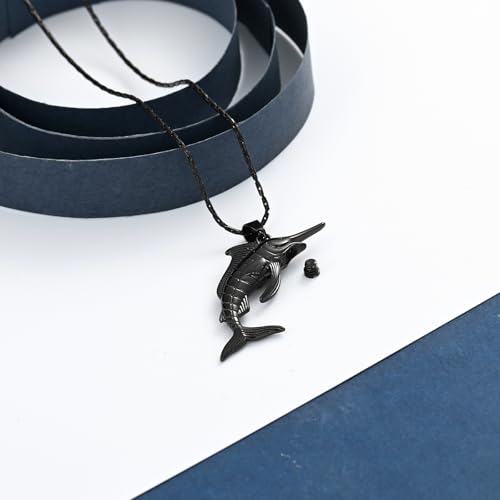 Fish Cremation Jewelry Swordfish Pendant Urn Necklace for Women Men | stainless steel pendant, waterproof sealed ring & lobster clasp keep ashes secure, with a filling tool, funeral keepsake gift - color: Black