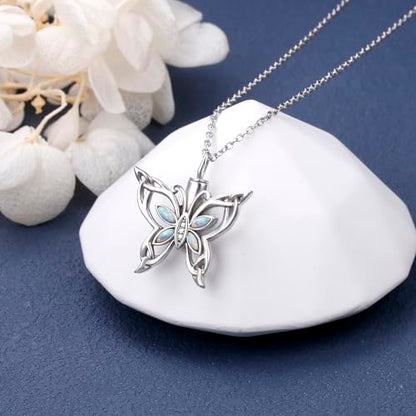 925 Sterling Silver Urn Necklaces for Women Claddagh/Angel Wings/Guitar/Butterfly/Tree of Life Ashes Memorial for Loss Keepsake Jewelry Present Easter Day of the Dead - style: Butterfly-Opal
