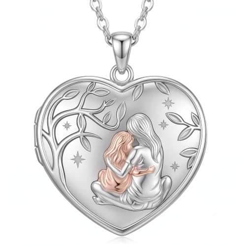 Poiuy Photo Locket Necklace for Women, Heart Picture Pendant Photo Necklace Jewelry Christmas Memorial Birthday Gifts for Women Daughter Mom - color: Mother Daughter Locket Necklace