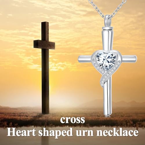 TOUPOP Cross Urn Necklaces for Ashes Birthstone Cremation Jewelry 925 Sterling Silver Cross Memorial Keepsake Funeral Jewelry for Women (with Funnel Filler) - color: 04-April-Synthetic Diamond