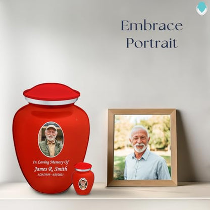 Embrace Keepsake Personalized Picture Cremation Urns for Human Ashes I Bright Red Photo Funeral Urn for Men and Women with Double Side Engraving I 3.5 lbs - color: Bright Red