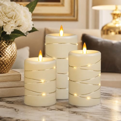 Upinmz Flickering Flameless Candles with String Lights, Battery Operated Candle, LED Pillar Fake Candle with Remote Control and Timer -3 Pack Ivory White - size: Ivory-Acrylic-3 Pack
