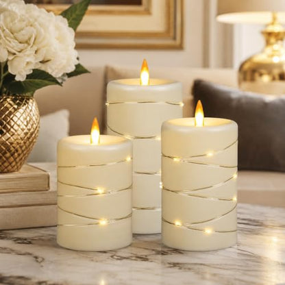 Upinmz Flickering Flameless Candles with String Lights, Battery Operated Candle, LED Pillar Fake Candle with Remote Control and Timer -3 Pack Ivory White - size: Ivory-Acrylic-3 Pack