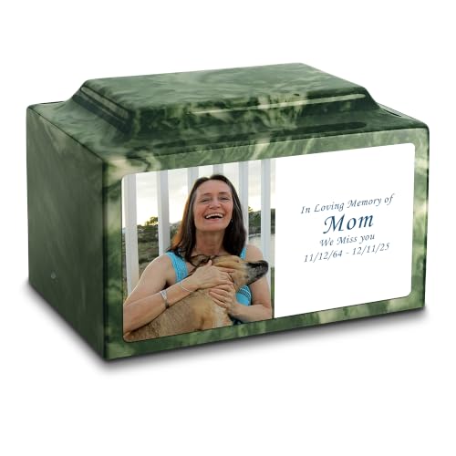 GetUrns Cultured Marble Urn Vault by Mackenzie with Personalized Picture and Text for Human Ashes I Emerald Adult Urns for Male and Female I 210lbs - color: Emerald
