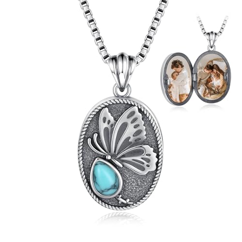925 Sterling Silver Oval Turquoise Lockets Pendant that Holds Pictures Vintage Jewelry Memorial Gifts for Women - style: Butterfly