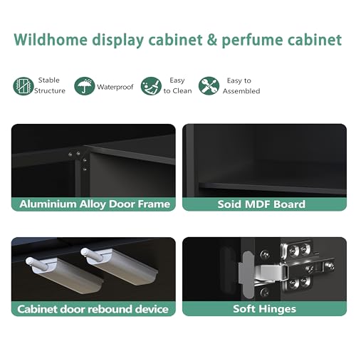 Wildhome Wooden Curio Cabinet with Acrylic Glass Door,77" Tall Arch Display Cabinet & Perfume Organizer with LED Light,Showcase for Collections,Perfume,Vinyl Albums,Bookcase - color: Black