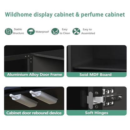 Wildhome Wooden Curio Cabinet with Acrylic Glass Door,77" Tall Arch Display Cabinet & Perfume Organizer with LED Light,Showcase for Collections,Perfume,Vinyl Albums,Bookcase - color: Black
