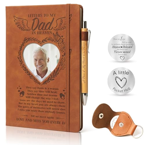 Memorial Gifts for Loss of Dad, Letters to My Dad in Heaven A5 Grief Journal Travel Diary 200 Pages with Heart Photo Cover and Remembrance Pocket Hug PU Leather Keychain & Pen, Sympathy Bereavement Gifts for Loss of Father, Dad Gift from Daughter Son - st