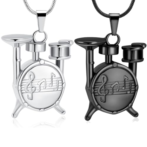 Drum Urn Necklace for Ashes Music Cremation Jewelry for Women Men Stainless Steel Memorial Necklaces Ash Holder for Human Pets Keepsake Jewelry for Loved Ones with Fill Tool - color: 2Pcs Silver/Black