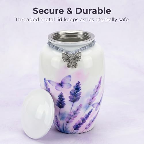 Lavender Butterfly Urn for Ashes Adult Female, Large Metal | Filigree Charm With Glass Beads, Holds upto 220lb Adults, Velvet Bag, Screw Top Lid, Memorial Keepsake, For Men & Women - color: White