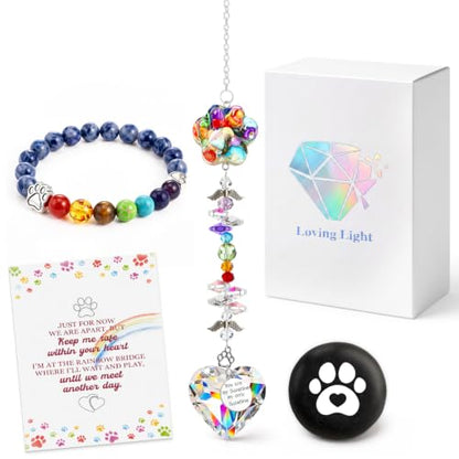 Junkin Pet Memorial Gifts Loss of Dog Sympathy Gift Set with Crystal Suncatcher Memorial Bracelet and Comfort Stone Dog Cat Remembrance Gift for Women Men Pet Owners Loss of Cat