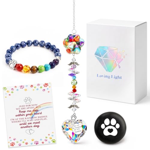 Junkin Pet Memorial Gifts Loss of Dog Sympathy Gift Set with Crystal Suncatcher Memorial Bracelet and Comfort Stone Dog Cat Remembrance Gift for Women Men Pet Owners Loss of Cat