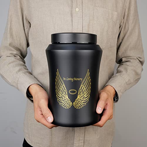 Up to 220 lbs Large Cremation Urns for Adult Human Ashes, Angel Wings in Loving Memory Decorative Funeral Burial Urn for Male Female Ashes with Velvet Bag(Black) | Full Size 220 lbs Capacity, Stainless Steel Material, Sealing Well & Waterproof, Funeral &