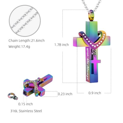 Cremation Jewelry for Ashes Pendant - Cross Urn Necklace with Mini Keepsake Urn Memorial Ashes Jewelry - With Me Always - color: Colorful-With Me Always