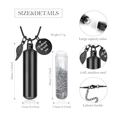 Cylinder Urn Necklace for Ashes with Glass Vials Cremation Jewelry Stainless Steel Ash Holder Keepsake Memorial Jewelry with Fill Tool - color: Black-B