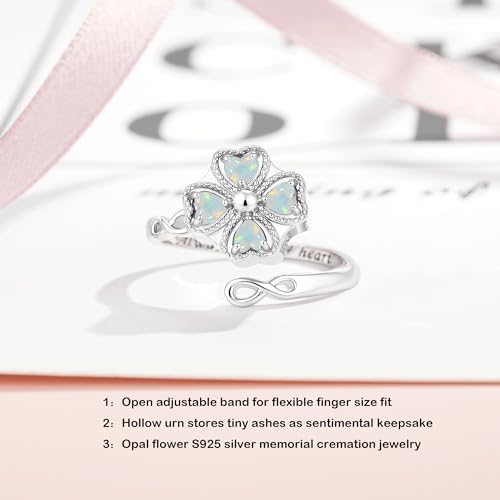 ZOEXUE Four Leaf Clover Cremation Urn Ring for Women, 925 Sterling Silver Adjustable Open Memorial Keepsake Ring with Opal Stones, Holds Ashes Bereavement Sympathy Gift - color: White