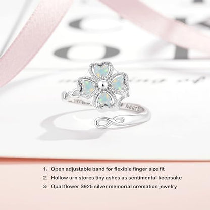 ZOEXUE Four Leaf Clover Cremation Urn Ring for Women, 925 Sterling Silver Adjustable Open Memorial Keepsake Ring with Opal Stones, Holds Ashes Bereavement Sympathy Gift - color: White