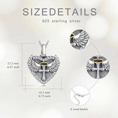 Family Members Urn Necklace for Ashes 925 Sterling Silver Angel Wings Heart Cremation Memorial Keepsake Pendant Jewelry for Loved One's Ashes, with 18" + 2" Stainless Steel Chain - style: Heart-Cross