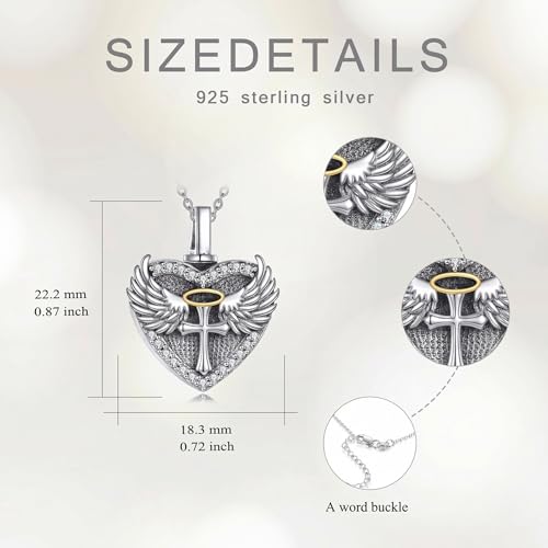 Family Members Urn Necklace for Ashes 925 Sterling Silver Angel Wings Heart Cremation Memorial Keepsake Pendant Jewelry for Loved One's Ashes, with 18" + 2" Stainless Steel Chain - style: Heart-Cross