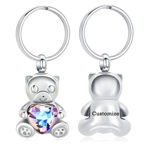 Yinplsmemory Teddy Bear Cremation Jewelry Urn Keychain for Ashes for Women with Crystal Heart Urn Keepsake Pendant Key Ring - color: Customize